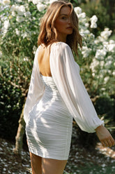 Good Vibes Long Sleeve Deep V-Neckline Ruched Mini Dress White